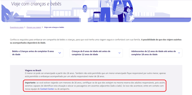 *Em simulação de compra de bilhete de passageiro menor de 16 anos, site da Latam apresenta página destinada ao esclarecimento de direitos e requisitos para embarque de bebês, crianças e adolescentes. No destaque em vermelho a companhia aérea disponibiliza um link para contato, caso a criança não seja alocada em assento ao lado do acompanhante. 
