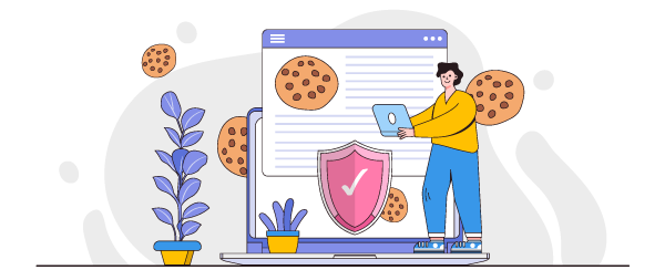 Ilustração de um homem mexendo em um laptop e diversos biscoitos em volta.