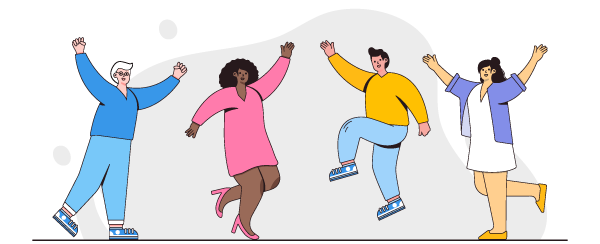 Ilustração de quatro pessoas com os braços para cima e dançando.
