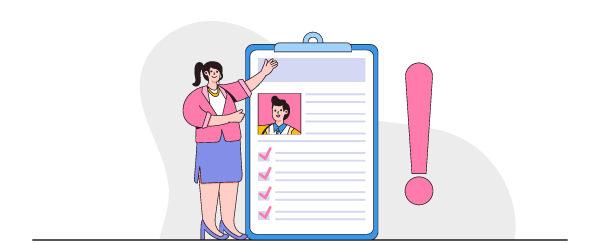 Ilustração de uma mulher com uma prancheta com dados em checklist.