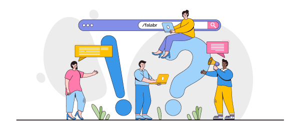Ilustração de 4 pessoas mexendo no computador e interagindo com elementos digitais