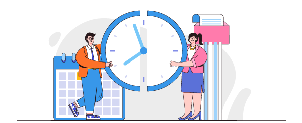 Ilustração de um homem e uma mulher segurando metades de um relógio.