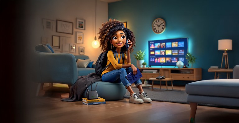 A imagem mostra uma jovem em estilo 3D, sentada em uma sala moderna, conversando ao celular e segurando um livreto azul do RGC. Ao lado dela, aparecem livros, um roteador Wi-Fi e, ao fundo, uma TV ligada em um serviço de streaming.
