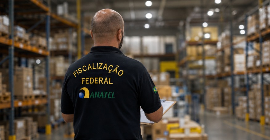 Imagem criada por inteligência artificial. Pessoa vista de costas em um centro de armazenagem, usando camisa com a inscrição 'Fiscalização Federal Anatel' e segurando uma prancheta. Ao fundo, estantes com caixas e mercadorias.