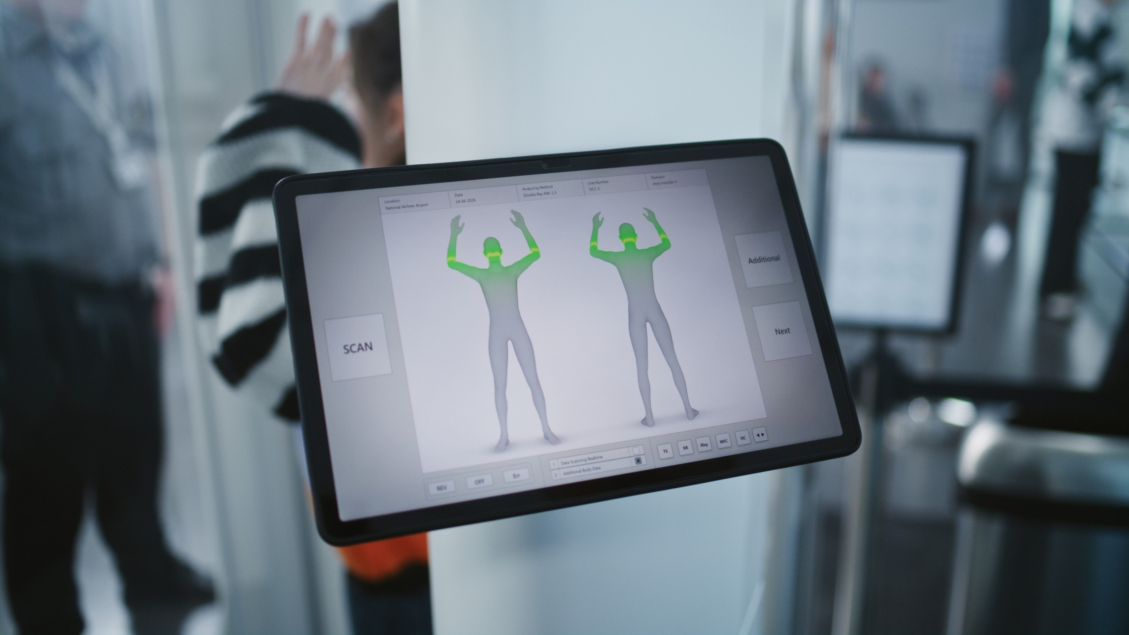 Uma pessoa não identificável passa por um scanner de segurança no aeroporto, com uma tela digital em primeiro plano que exibe uma imagem 3D do corpo e áreas destacadas em verde nos braços.