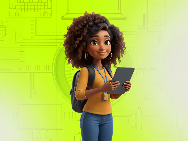 imagem é uma ilustração digital em estilo 3D de uma jovem mulher negra, a Ana, posicionada ao centro