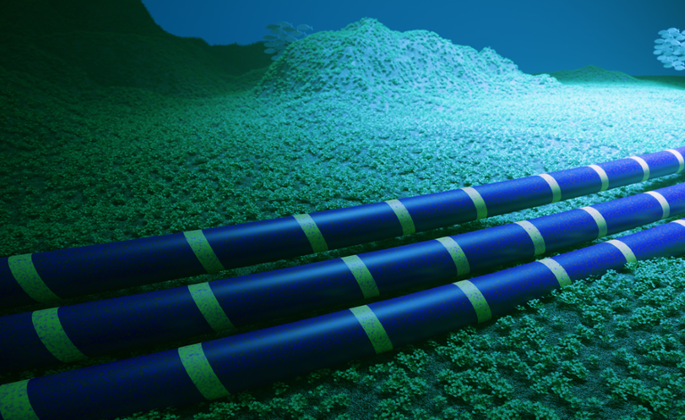 Imagem mostra três cabos submarinos no fundo do mar.