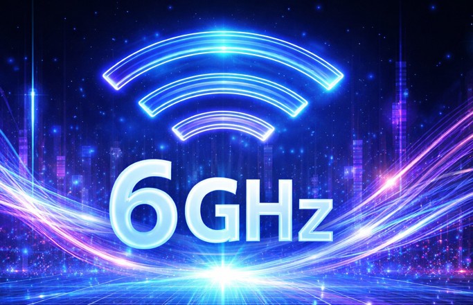 imagem destaca o 6GHz em meio a imagens futuristas sobre uso do espectro.