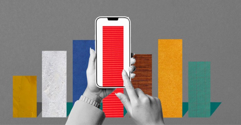 Na imagem, uma barra vermelha exibida em um smartphone é sobreposta a um gráfico de barras coloridas.