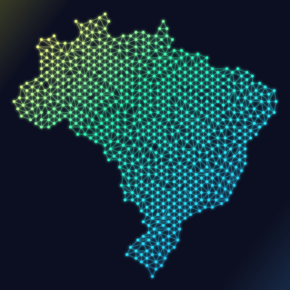 Ilustração do mapa do Brasil formada por pontos e linhas interligados, criando uma rede digital. As cores variam do verde e amarelo no Norte ao azul no Sul, sobre fundo escuro, sugerindo conectividade e tecnologia em todo o território nacional.