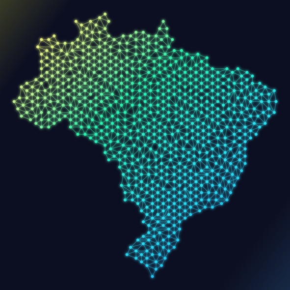 Ilustração do mapa do Brasil formada por pontos e linhas interligados, criando uma rede digital. As cores variam do verde e amarelo no Norte ao azul no Sul, sobre fundo escuro, sugerindo conectividade e tecnologia em todo o território nacional.