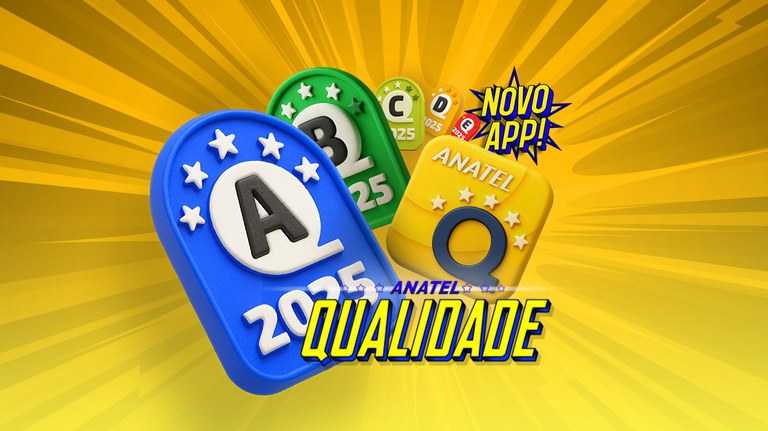 A imagem promocional em 3D, sobre um fundo amarelo radiante com raios de luz, destaca o novo aplicativo da Anatel. No centro, flutuam ícones de classificação de qualidade: um selo azul com a letra "A" e estrelas, um verde com "B" e "25", um verde claro com "C" e "25", um laranja com "D" e "2025", e um vermelho com "E" e "2025". Abaixo, um balão azul em forma de explosão anuncia "NOVO APP!". Um grande ícone quadrado amarelo com "ANATEL" e a letra "Q" em azul, também com estrelas, representa o novo aplicativo. A palavra "QUALIDADE" está escrita em letras amarelas com contorno azul na parte inferior da imagem.