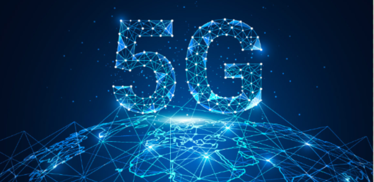 Linhas e pontos, representando as vias de telecomunicações, formam a sigla "5G", acima, que se liga aos continentes e mares do planeta Terra, abaixo.