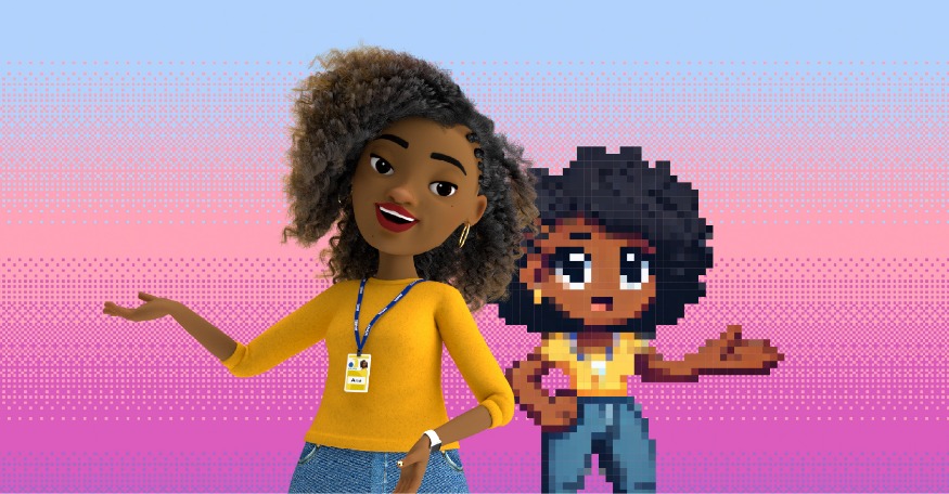 A imagem mostra Ana, avatar da Anatel, que é uma moça de cabelos cacheados, com uma blusa amarela e crachá. Ao lado, Ana é retratada na sua juventude, em um estilo gráfico dos anos 80.