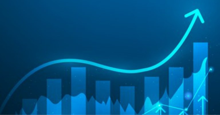 A imagem tem barras azuis de diferentes alturas e uma linha que sobe, terminando em uma seta apontando para cima, simbolizando crescimento.