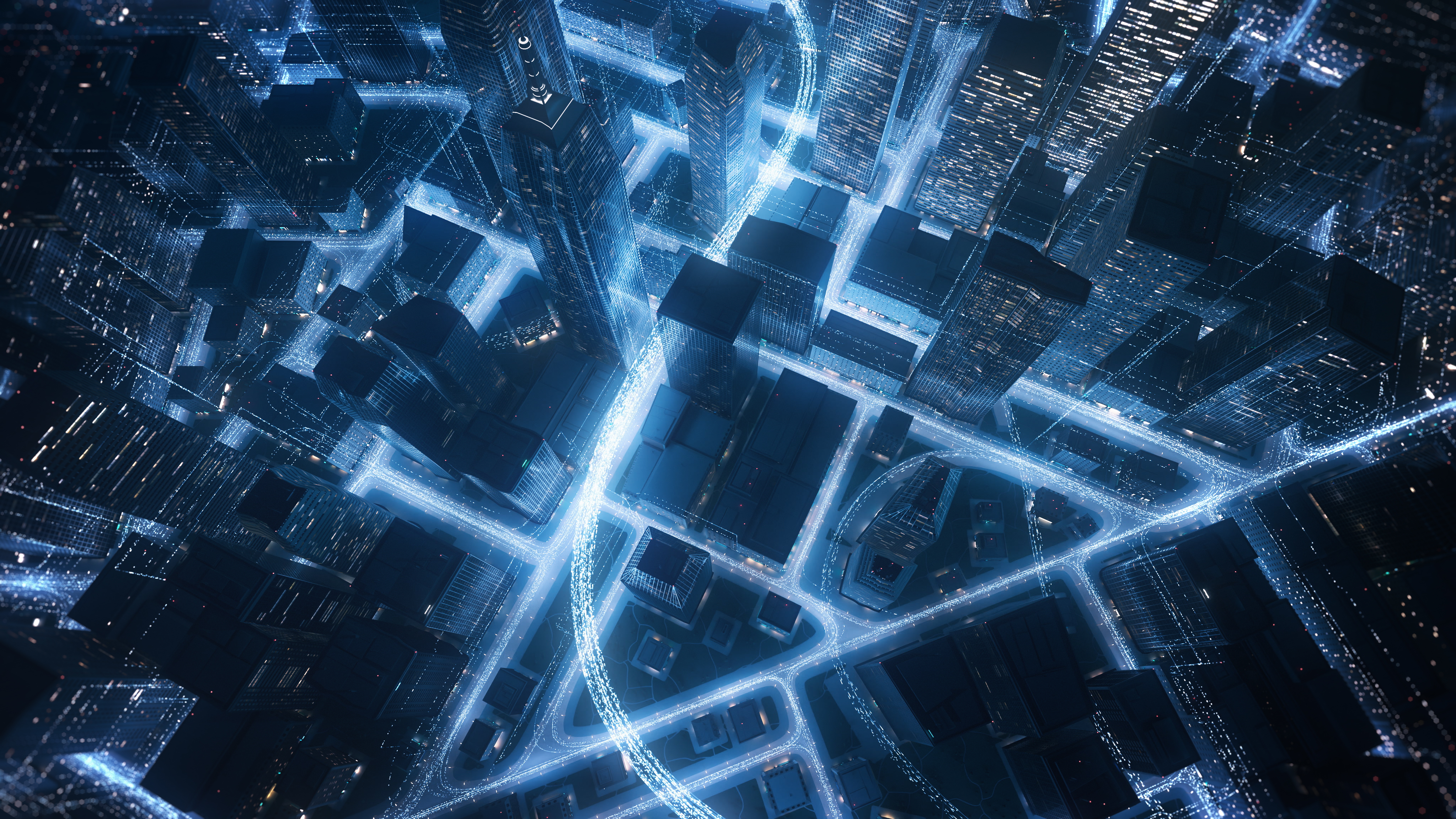Paisagem urbana com linhas de dados brilhantes - Big Data, Internet das Coisas, Negócios Digitais