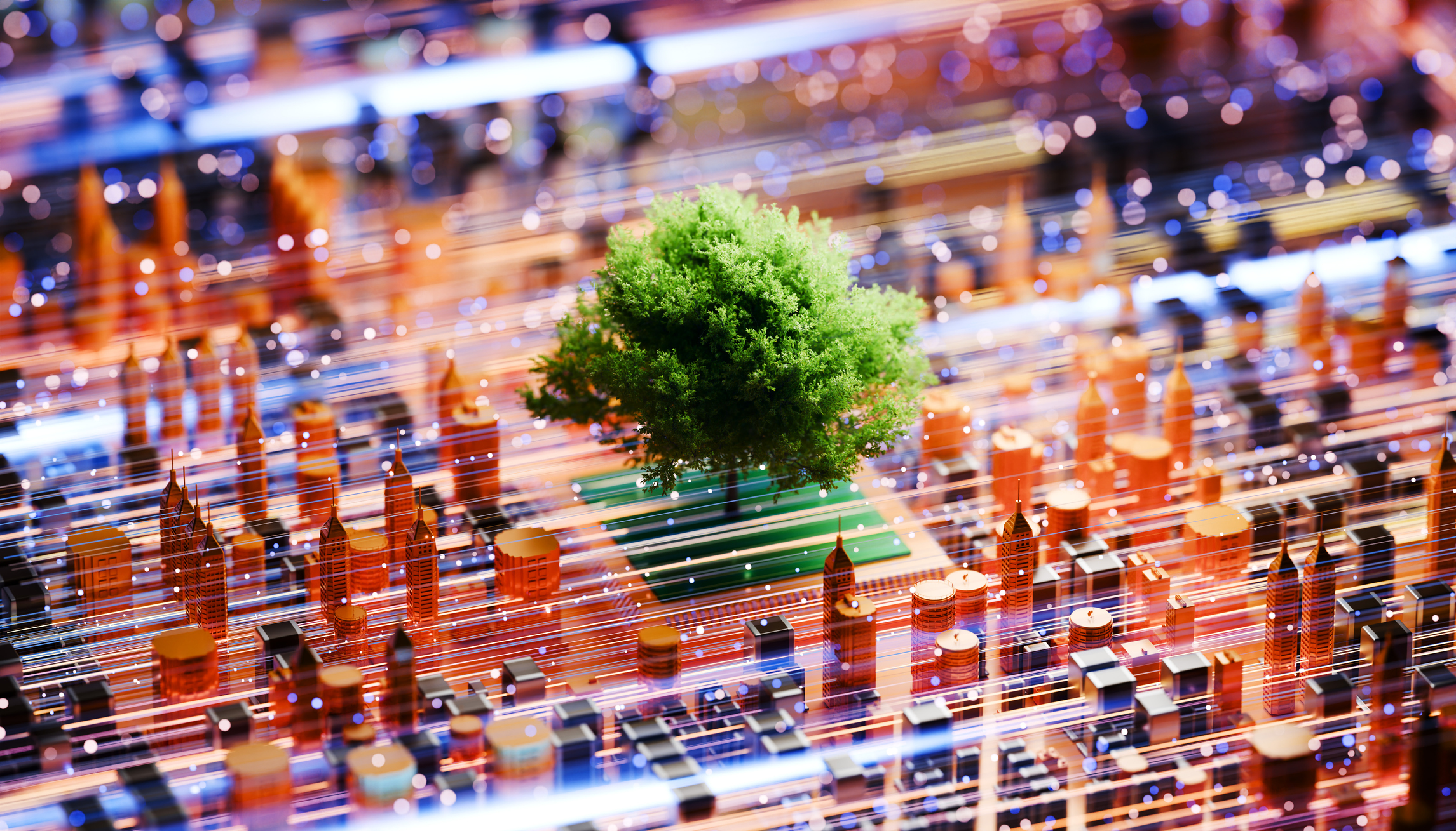 Uma renderização digital futurista mostra uma árvore frondosa verde no centro, crescendo sobre um quadrado de circuito verde, cercada por uma cidade de edifícios laranja e dourados. O cenário é preenchido por fluxos de luz azuis, roxos e laranjas que representam dados digitais, com pontos de luz bokeh criando uma sensação de velocidade e tecnologia avançada. A perspectiva é elevada, olhando para a cidade e a árvore.