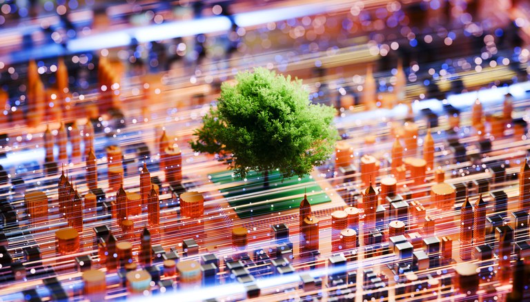 Uma renderização digital futurista mostra uma árvore frondosa verde no centro, crescendo sobre um quadrado de circuito verde, cercada por uma cidade de edifícios laranja e dourados. O cenário é preenchido por fluxos de luz azuis, roxos e laranjas que representam dados digitais, com pontos de luz bokeh criando uma sensação de velocidade e tecnologia avançada. A perspectiva é elevada, olhando para a cidade e a árvore.