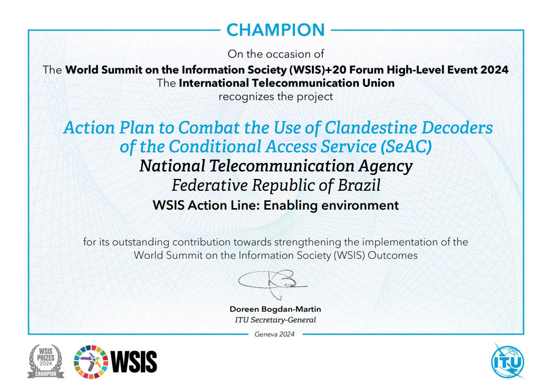 Certificado referente ao projeto de combate à pirataria de TV por assinatura