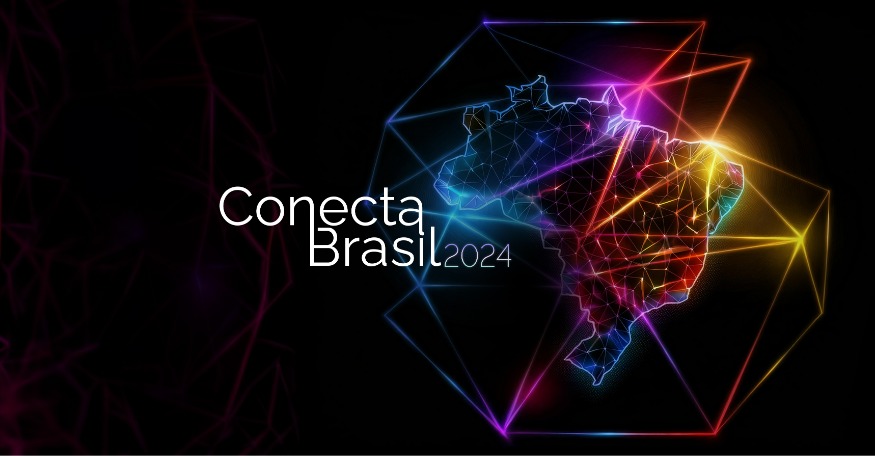 Logotipo do evento Conecta Brasil 2024. No lado esquerdo da imagem está o texto “Conecta Brasil 2024” em uma tipografia moderna e limpa. A imagem mostra o mapa do Brasil delineado por linhas e formas geométricas luminosas em cores azul, roxo, vermelho, amarelo e verde. As linhas que formam o mapa lembram uma rede de conexões, dando a sensação de interatividade e conectividade.