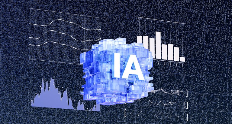Uma renderização 3D de um cubo azul translúcido com as letras "IA" em branco no centro, flutuando sobre um fundo escuro e em grade. Ao redor do cubo, há vários gráficos e visualizações de dados abstratos em tons de azul e branco, incluindo gráficos de linha, gráficos de barras e formas onduladas, sugerindo análise de dados e inteligência artificial.