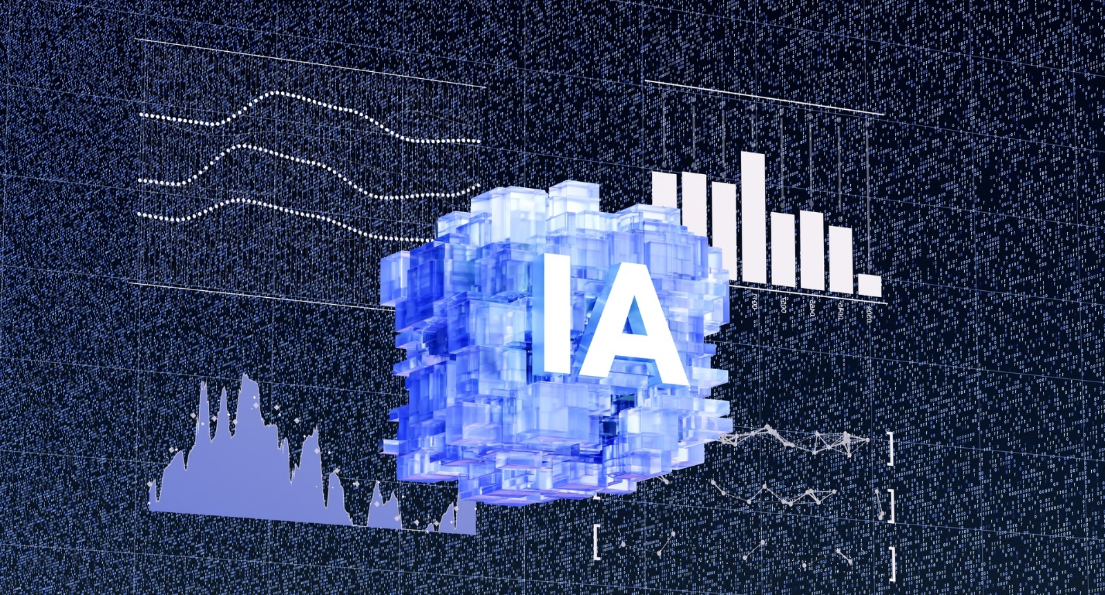 Uma renderização 3D de um cubo azul translúcido com as letras "IA" em branco no centro, flutuando sobre um fundo escuro e em grade. Ao redor do cubo, há vários gráficos e visualizações de dados abstratos em tons de azul e branco, incluindo gráficos de linha, gráficos de barras e formas onduladas, sugerindo análise de dados e inteligência artificial.