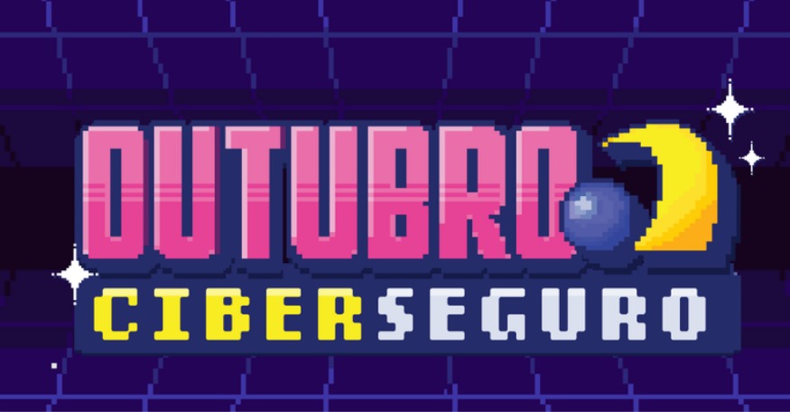 Imagem com fundo roxo em estilo retrô, com uma grade em perspectiva. No centro, o texto "OUTUBRO CIBERSEGURO" em fonte pixelada: "OUTUBRO" em rosa e "CIBERSEGURO" em azul. À direita do texto, aparece o logotipo da Anatel, representando as telecomunicações envolvendo o planeta Terra com uma forma curva amarela sobre um círculo azul.