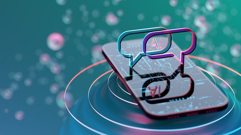 Uma ilustração renderizada em 3D exibe um smartphone em um fundo desfocado de bolhas. Bolhas rosa e azuis cercam o smartphone, que tem uma tela refletora na qual estão empilhadas duas caixas de diálogo. A caixa de diálogo superior é rosa e azul e mostra a palavra "Ai". A caixa de diálogo inferior é um reflexo da caixa de diálogo superior.