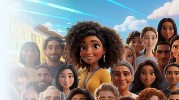 “Ilustração em estilo de animação mostrando um grupo diverso de pessoas reunidas ao ar livre. No centro, uma jovem mulher de pele morena e cabelos cacheados volumosos sorri diretamente para o observador; ela usa uma blusa amarela e um crachá pendurado no pescoço. Ao redor dela, há várias pessoas de diferentes idades, gêneros e etnias, também olhando à frente, com expressões neutras ou levemente sorridentes. O fundo sugere um ambiente urbano com céu azul e algumas nuvens. A imagem transmite diversidade, inclusão e senso de coletividade. Há uma área esbranquiçada no lado esquerdo, como um efeito de luz ou desfoque.”