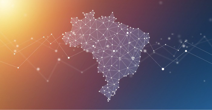 Mapa do Brasil com pontos e linhas representando as redes de telecomunicações