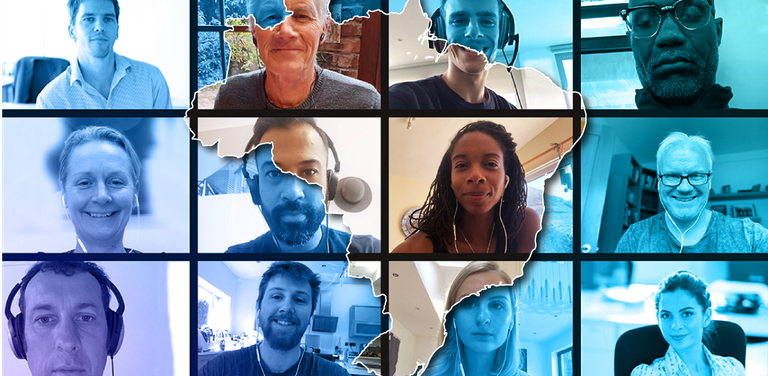 Diversas pessoas acessando a internet e um mapa do Brasil em primeiro plano