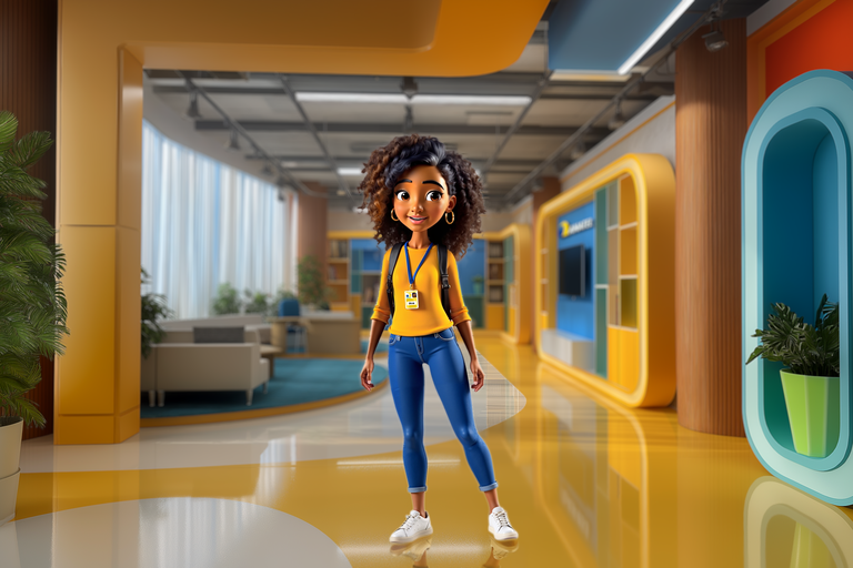 Animação 3D de uma mulher jovem de pele morena e cabelos encaracolados escuros, sorrindo gentilmente para a câmera. Ela usa uma camiseta de manga comprida mostarda, calça jeans justa, tênis brancos e uma mochila preta. Em seu pescoço, há um crachá de identificação. Ela está em pé em um corredor iluminado de um escritório moderno, com pisos e tetos amarelos e paredes brancas. A perspectiva é do corpo inteiro da personagem, com o fundo desfocado.