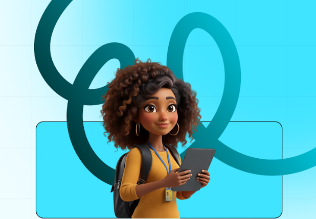 Ana, a mascote da Anatel, aparece segurando um tablet em uma imagem com fundo azul