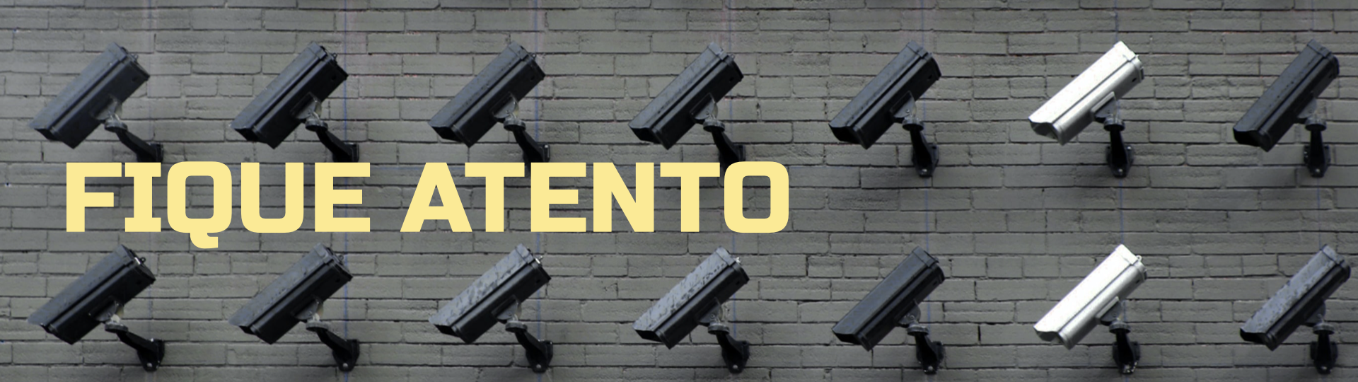 Duas fileiras de câmeras de monitoramento instaladas em uma parede de tijolinhos cinza apontam para o lado esquerdo. Em amarelo, o texto diz 
