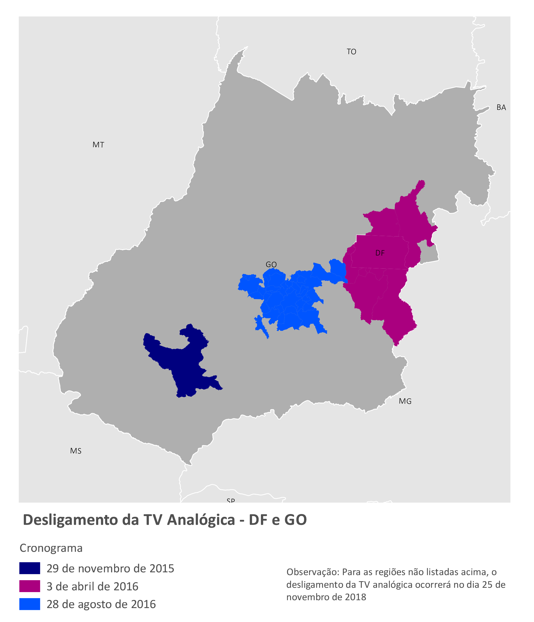 Mapa do cronograma de desligamento da TV analógica em Goiás e Distrito Federal