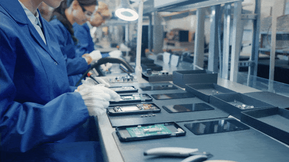 Imagem do trabalho em uma linha de montagem de smartphones