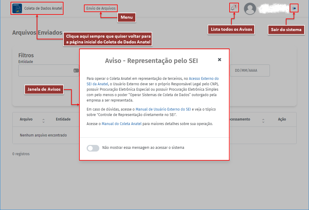 Tela Inicial do Coleta de Dados Anatel