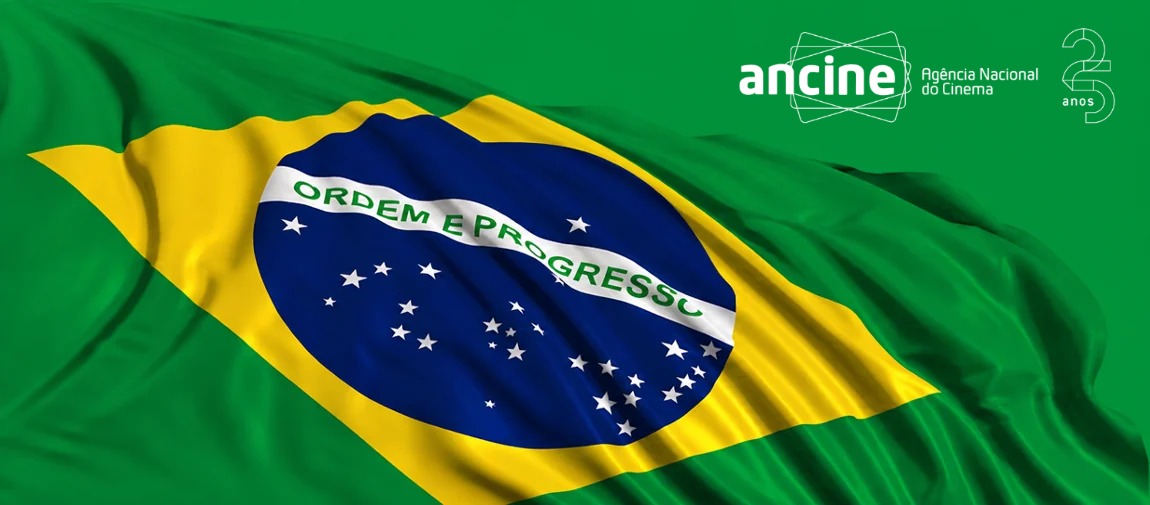 bandeira do Brasil tremulando. logo da Ancine 25 anos no canto superior direito