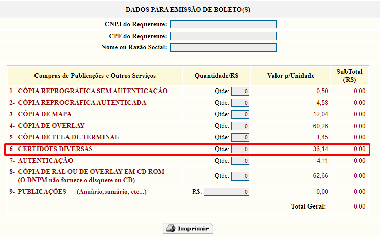 Emitir e pagar o emolumento número 6, disponível em Compras de publicações e outros