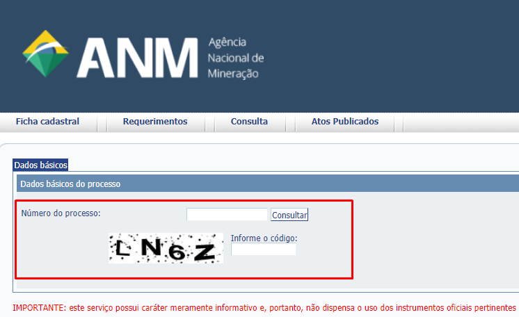 Informe o número do processo e o código apresentado pelo sistema no momento da consulta