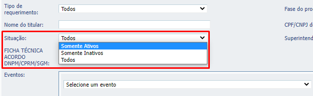 No campo Situação, selecione a opção para a situação atual dos processos áreas