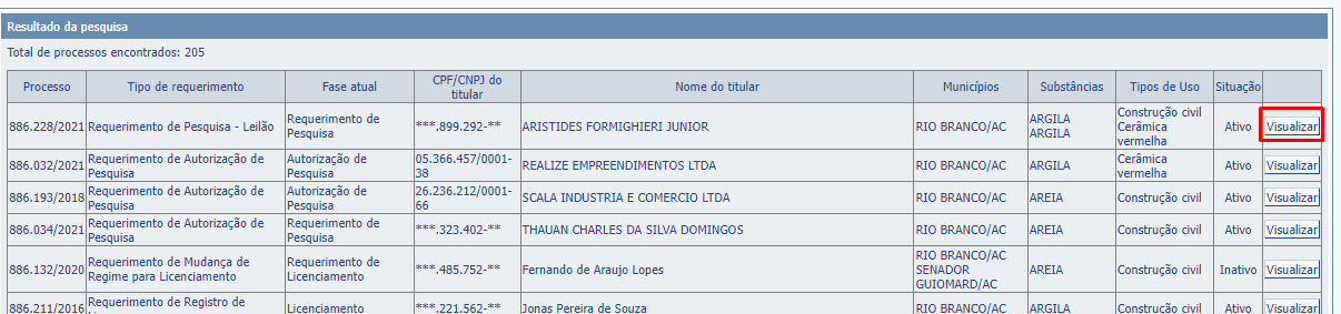 Para consultar informações de um determinado processo desta pesquisa, clique no botão Visualizar situado no canto direito conforme tela abaixo