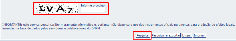 Preencher o código disponibilizado pelo sistema e clicar em Pesquisar