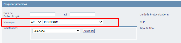 Selecione a Unidade Federativa Estado e um Município conforme tela abaixo