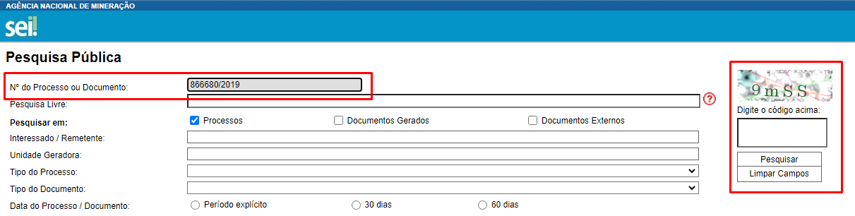 Informe o número do processo, o código disponibilizado pelo sistema e então clique em Pesquisar