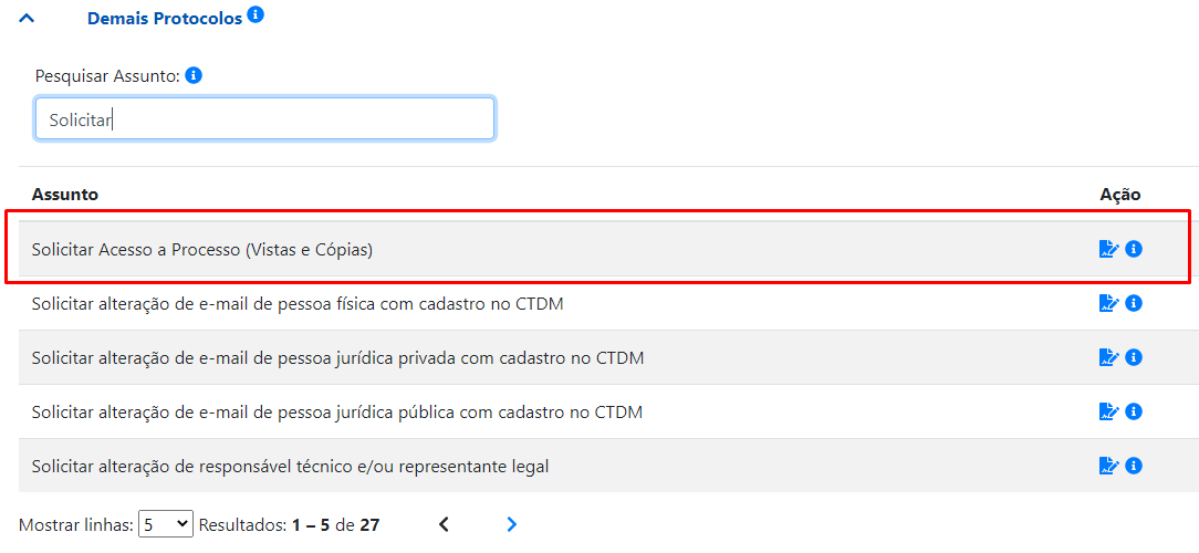 Localize o serviço Solicitar Acesso a Processo (Vistas e Cópias)