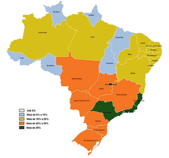 Mapa 1 - Taxa de cobertura dos planos de assistência médica por Unidades da Federação (Brasil - Janeiro/2024)