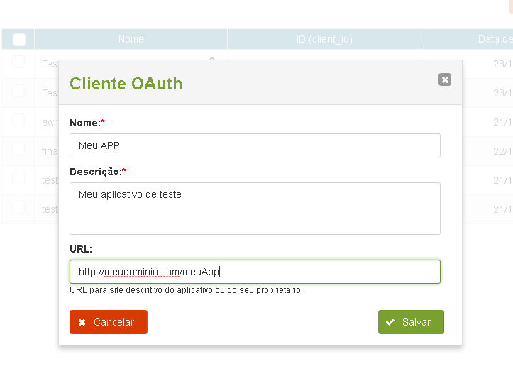 oauth adicionar um novo cliente oauth passo 1