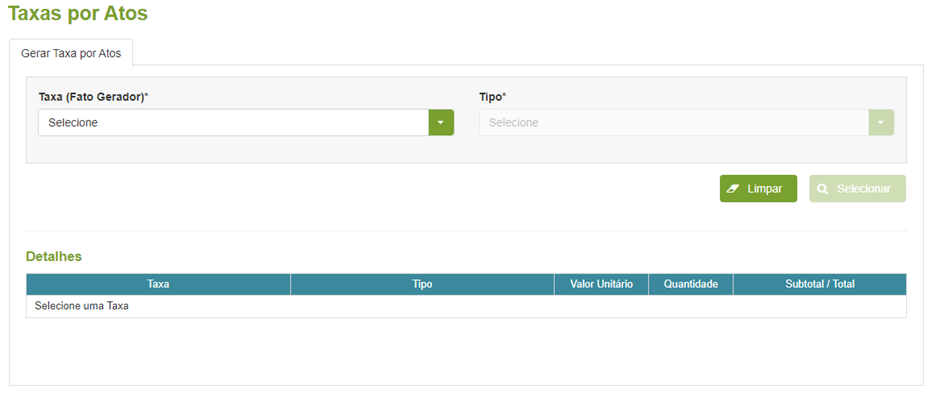 imagem da tela de taxas por atos