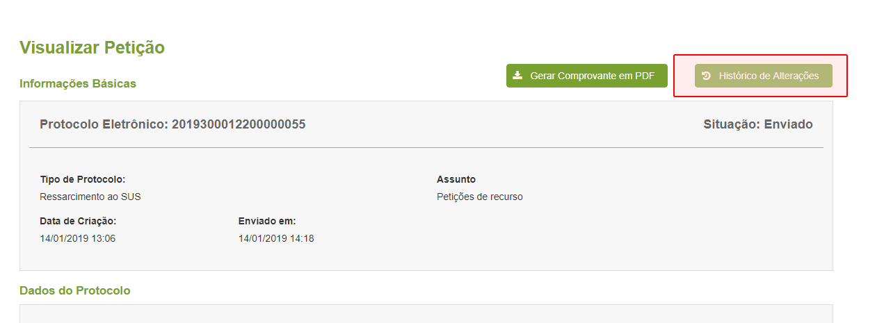 Detalhes do bloco informacional na tela de editar petição